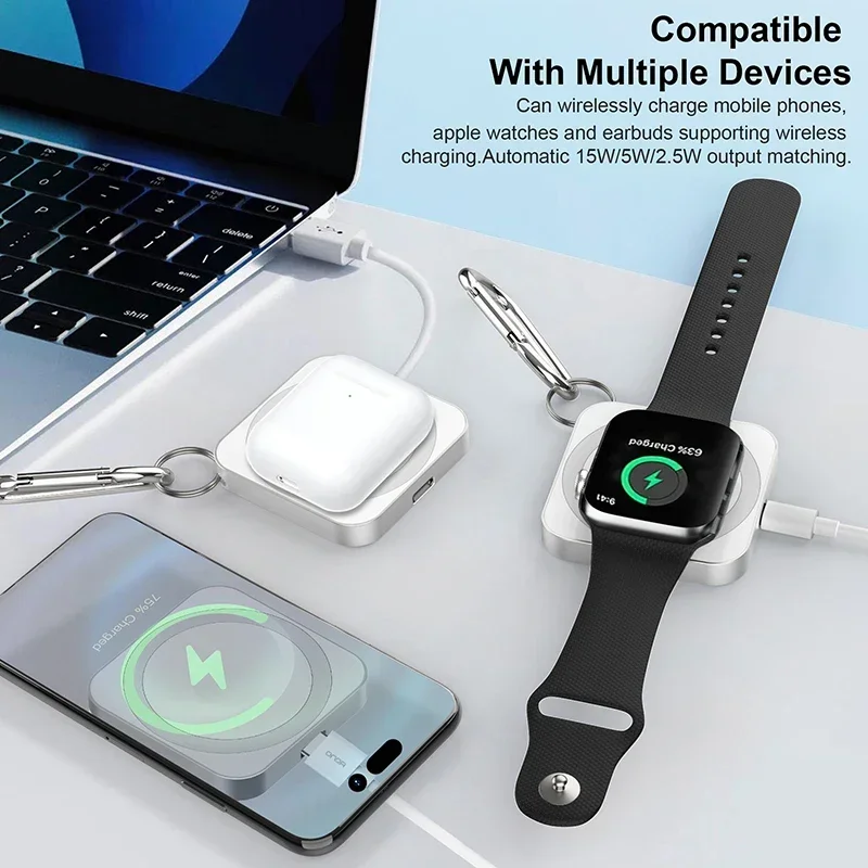 Magnetic Wireless Charger with Carabiner Portable Charger Adapter Travel Charging Station Type-C for Apple Watch iPhone AirPods