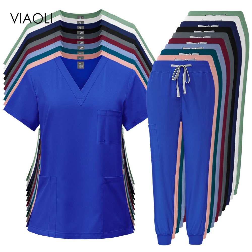 

Wholesale Medical Nurse Uniform Jogger Scrubs Sets Hospital Uniforms Scrubs Suit New Spa Uniforms Women V-neck Fashion Work Wear