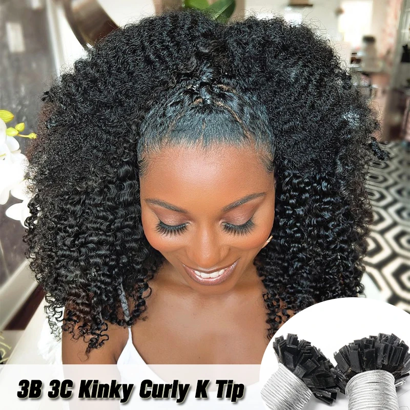 3B 3C Afro Kinky Curly K Tip Microlinks Hair Extensions Human Hair Brazilian Virgin Hair I Tip Human Flat Fusion Hair Extensions