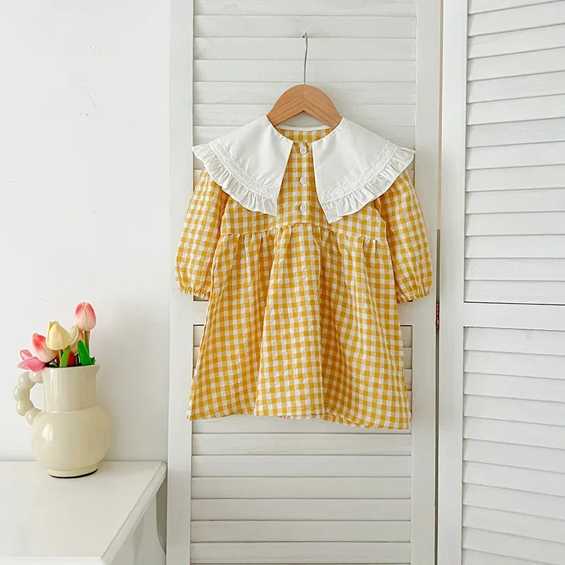 

2025 Kids Dress New Spring Plaid Simple Style Baggy Fashion Korean Simple Style Big Collar Long Sleeved Princess Skirt