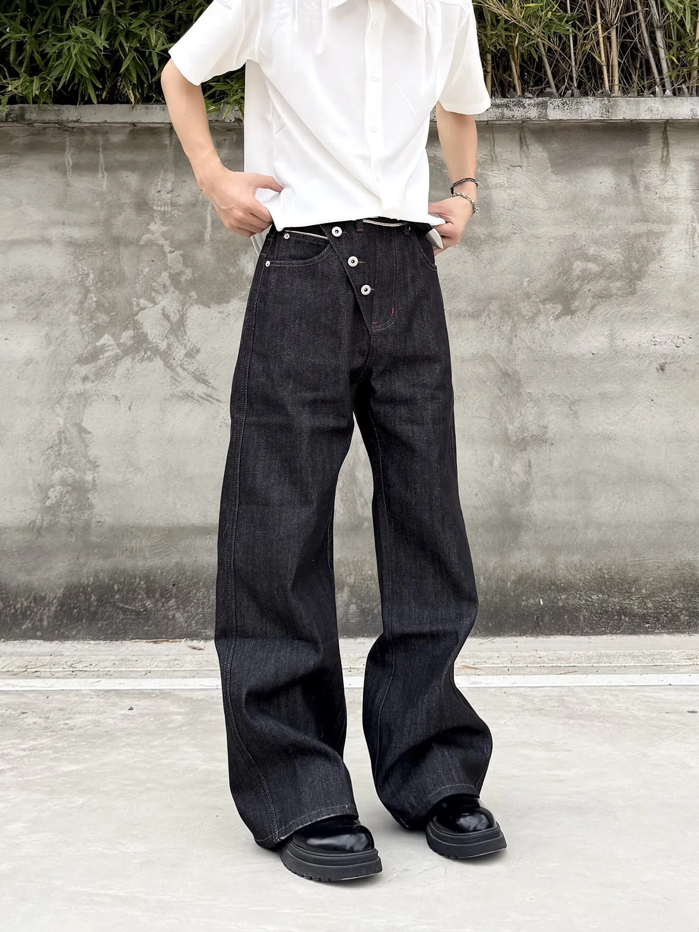 

American High Street Retro Button Wide Leg A-Line Original Blue Jeans Design Loose Straight Black Long Pants for Youth