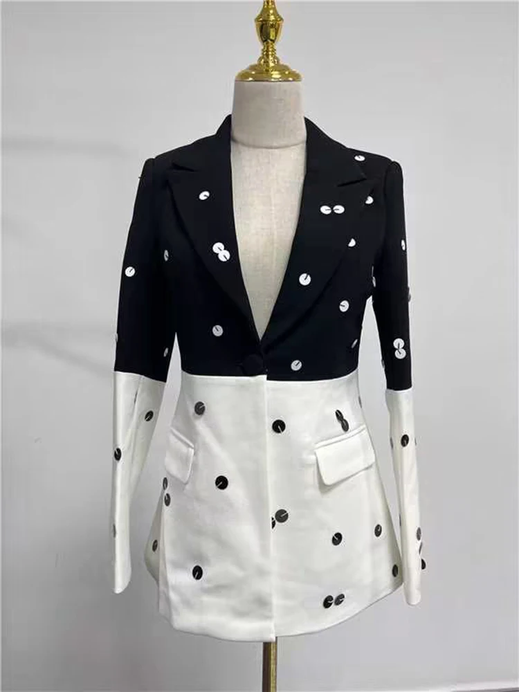 TWOTWINSTYLE Hit Color Two Piece Set For Women Notched Collar Long Sleeve Blazer High Waist Slim Skirt Spliced Dot Sets Female