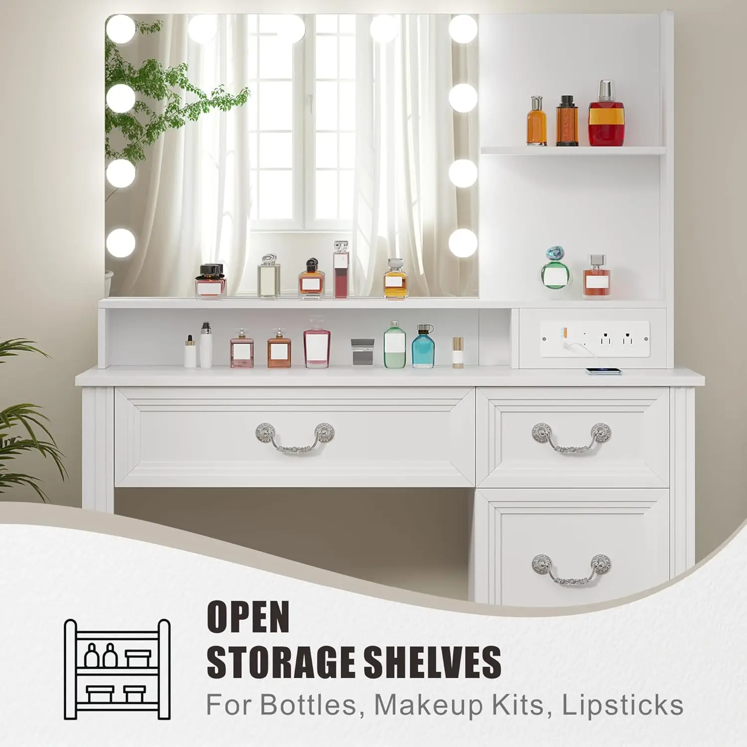 Vanity Desk with Mirror Light and Power Outlet, 39 inch Farmhouse Makeup Table Set with Stool, 3 Color Adjustable Lights Bedroom