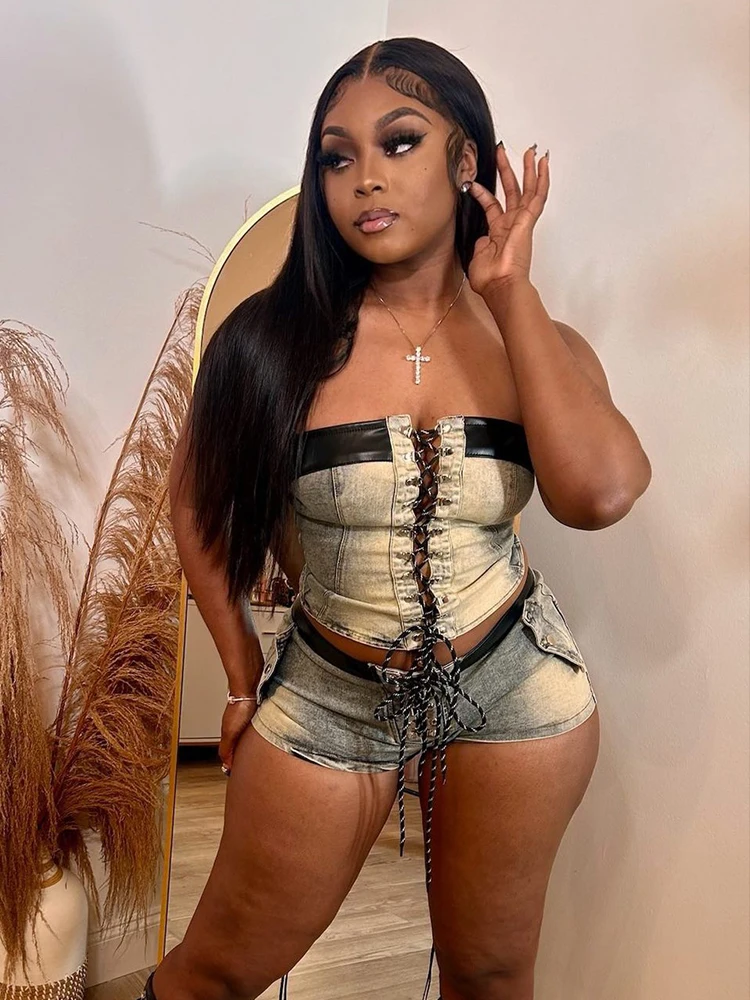 DENIM ฤดูร้อน 2 ชิ้นชุดผู้หญิงหนังขอบ VINTAGE Y2K Shirring เสื้อไม่มีสายหนัง + กางเกงขาสั้น Hipster ฤดูร้อนการจับคู่ชุด