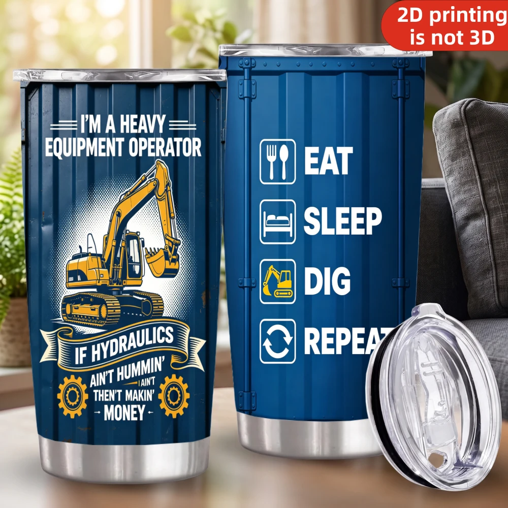 20oz Heavy Equipment Operator Printed Stainless Steel Tumbler with Lid and Straw, Excavator Construction Worker Vacuum Insulated Travel Coffee Mug Gifts for Men