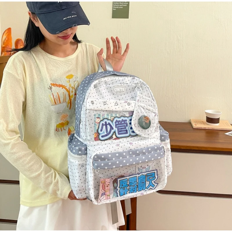 Modischer Rucksack mit transparentem Sichtfenster, großes Fassungsvermögen, gepunktete Schultasche für Teenager-Mädchen, leichte Büchertasche – Detail 6