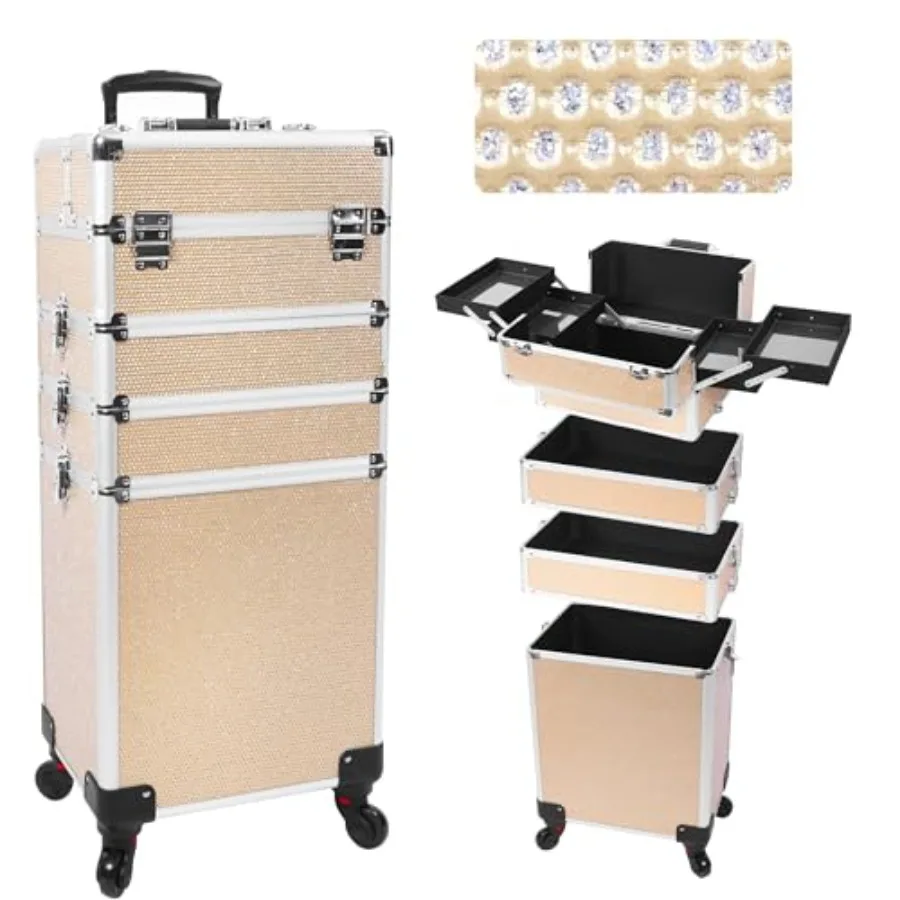 

Professional Rolling Makeup Case with Wheels, 5-in-1 Crystal Cosmetic Train Case, Travel Trolley Cart for Hairstylists and Nail