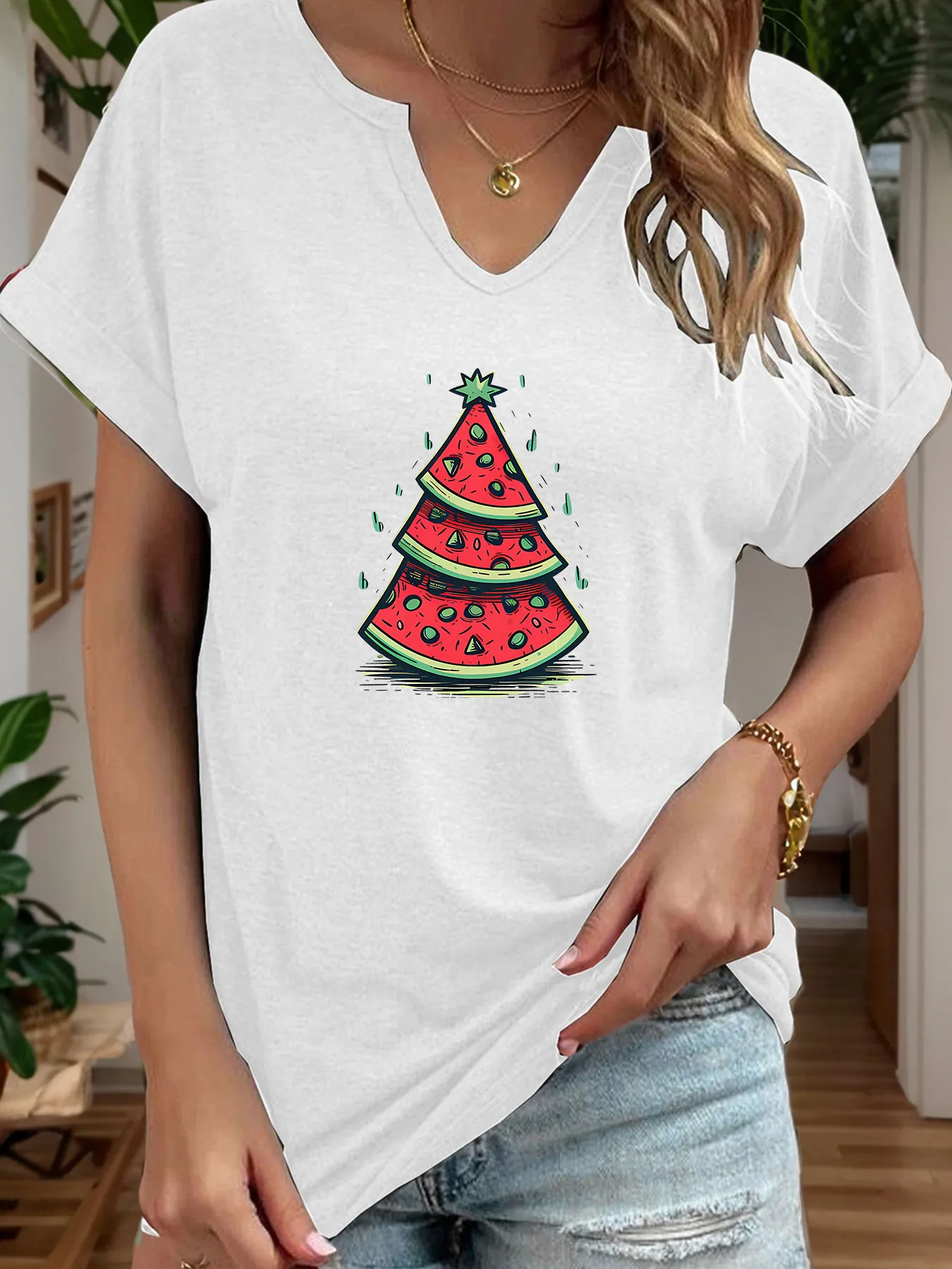 Watermelon slice Christmas tree printed T-shirt, casual and fashionable V-neck rolled sleeve short-sleeved blouse for women
