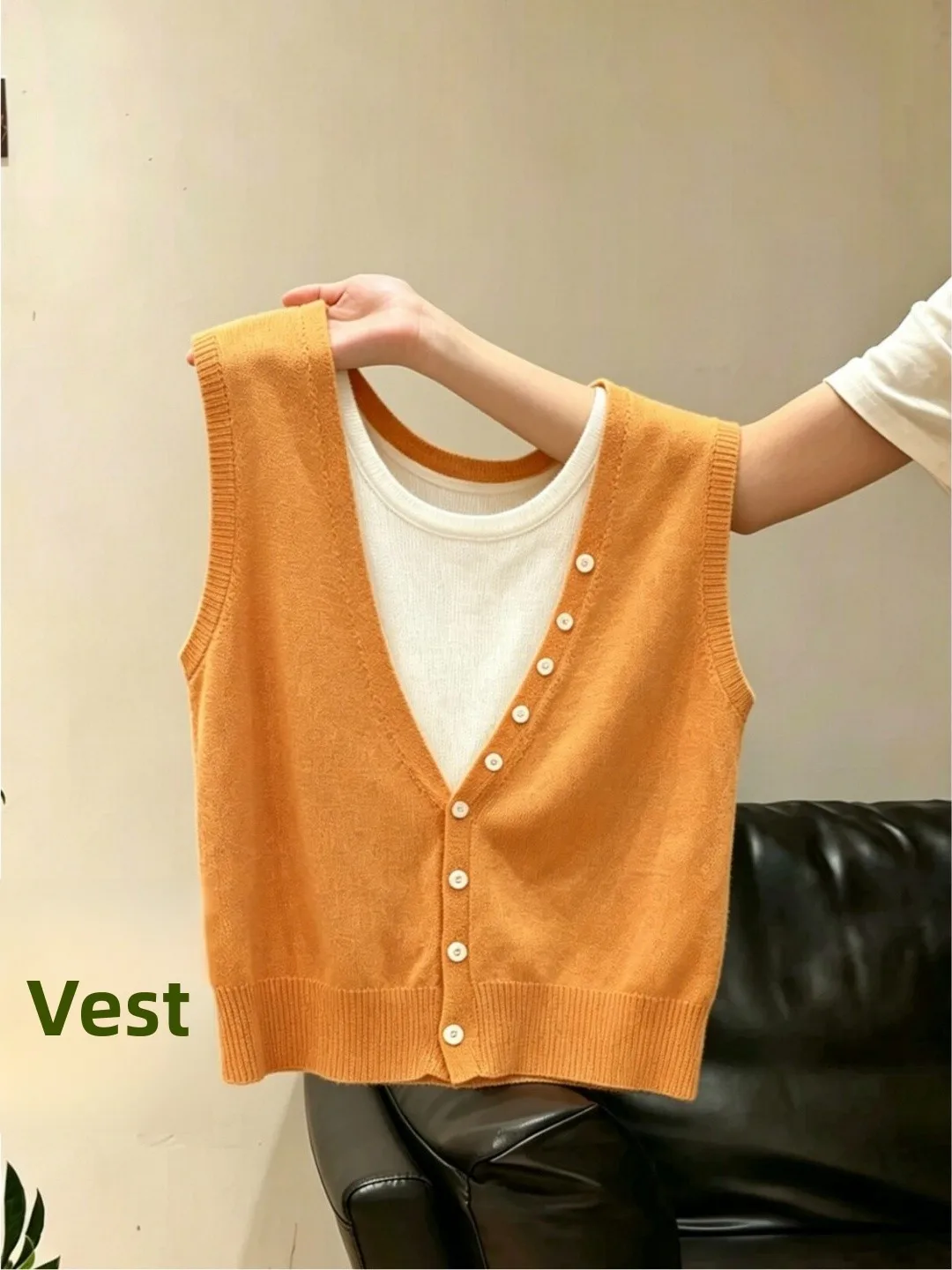 

Korean Style Color Block Button up Thin Sleeveless V-Neck Knitwear Women's Summer Casual Fit Soft Polyester Top