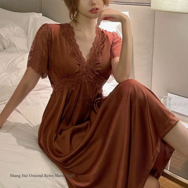 Female Nightgown Elegant Palace Style Princess Long Nightgown Sleepwear Summer Short Sleeve Sleepshirt Satin Silk Home Dress