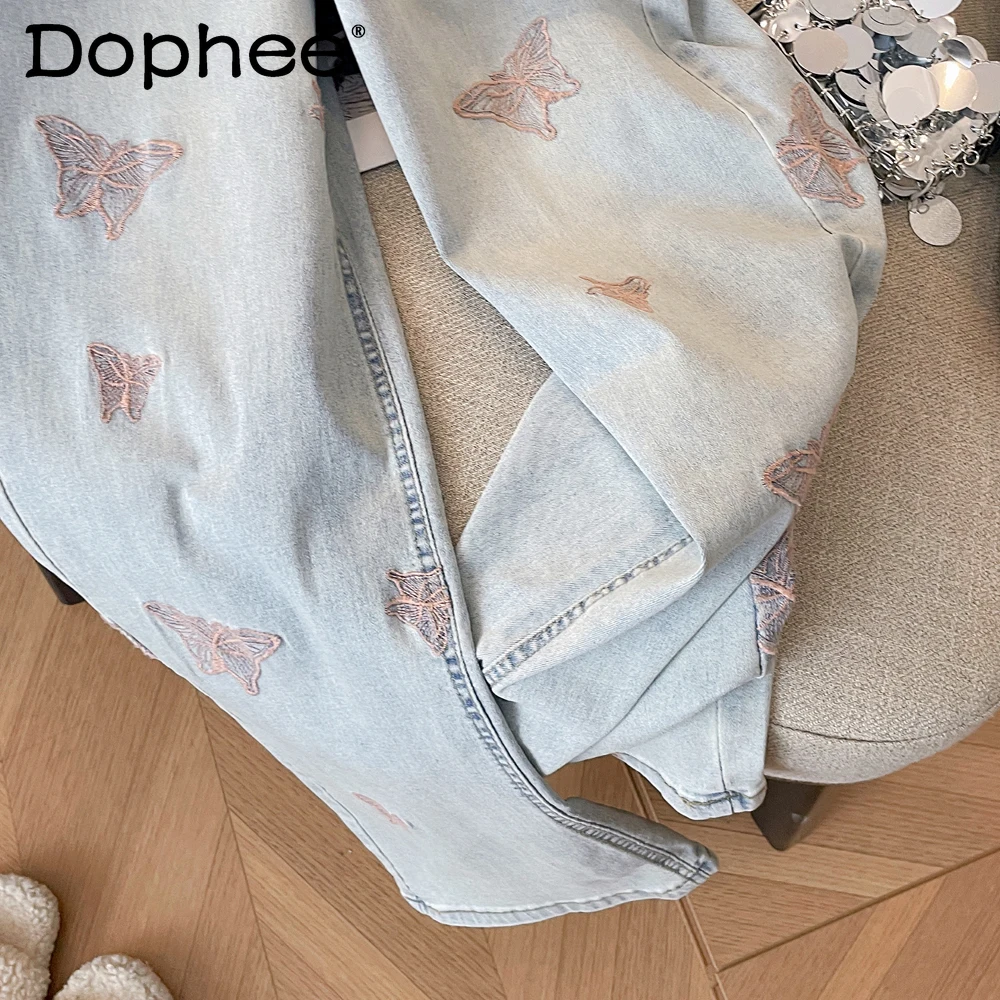 Heavy Industry Butterfly Embroidery High Waist Straight Jeans for Women Summer Thin Narrow Blue Jeans High Waisted Jeans