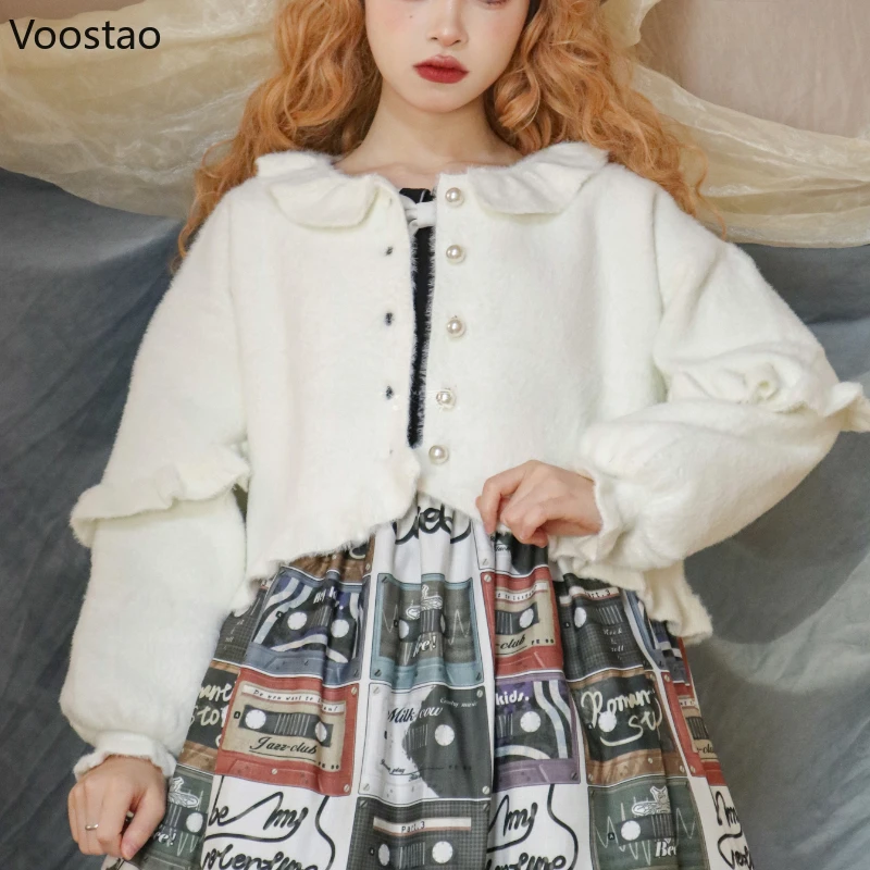 Sweet Lolita Style Knitted Cardigan Women Kawaii Ruffles Puff Sleeve Short Sweater Jacket Korean Girls Casual Y2k Knitwear Coat