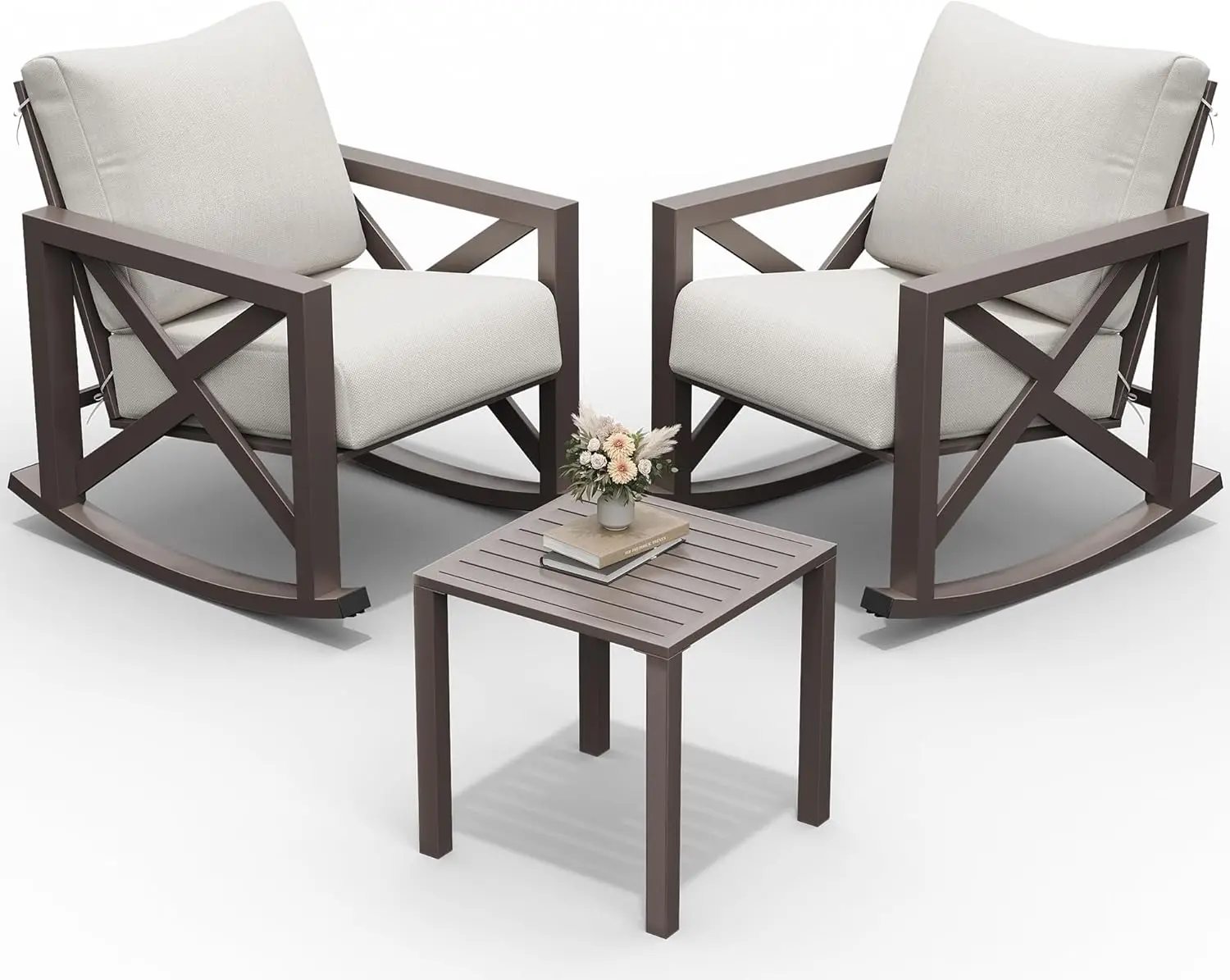 3 Piece Outdoor Patio Furniture Set with 2 Rockers and 1 Metal Coffee Table with Thick Cushions for Porch, Backyard