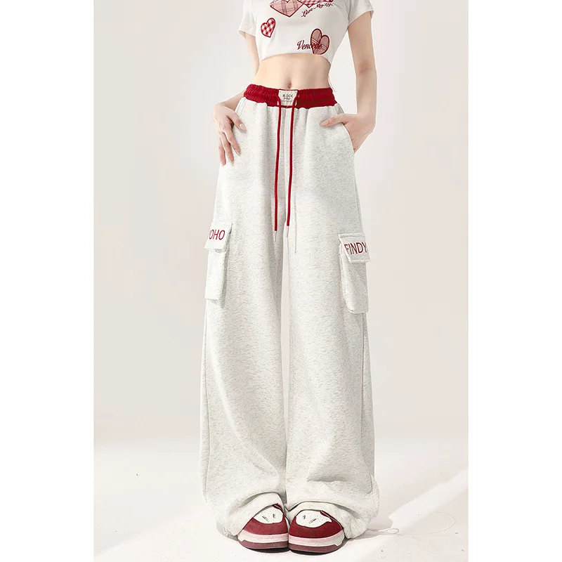 Grey Workwear Style Sports Sweatpants For Women In Summer Thin Elastic Waistband Straight Leg Casual Loose Wide Leg Pants