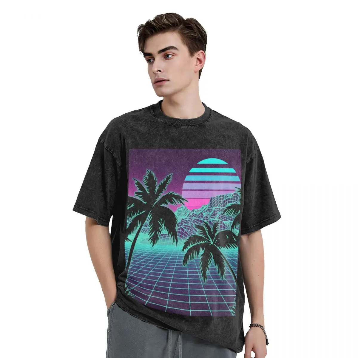 Retro 80s Vaporwave Sunset Sunrise With Outrun style grid print T-Shirt sweat quick-drying mens t shirts casual stylish