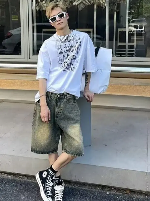 Retro American Waed Denim orts Heren Zomer Dunne losse rechte pijpen Casual vijfkwart trendy jeans midden taille Hoge taille