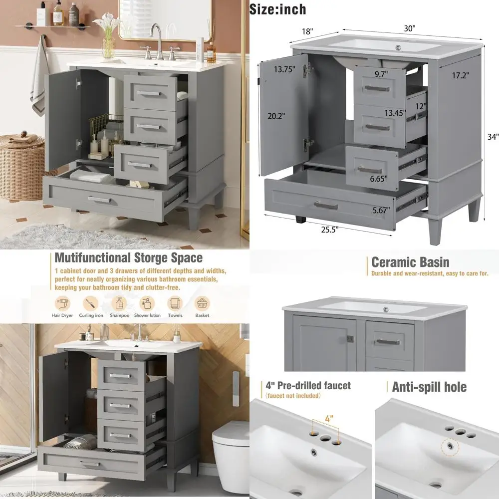 

modern 30" vanity with sink, 3 drawers, soft-close door & top