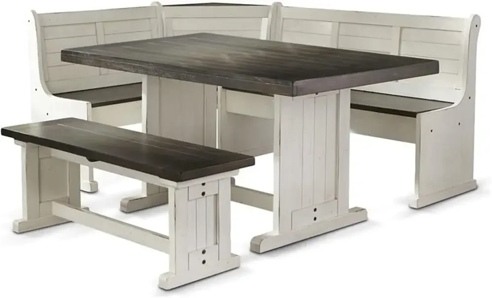 

Farmhouse Wood Kitchen Corner Breakfast Dining Nook Set with Hidden Storage in Off White Dark Brown