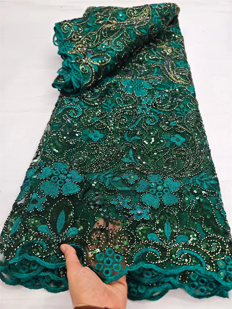 Tela de tul africana verde de 5 yardas con lentejuelas, material de encaje francés, tela de malla bordada nigeriana, Tul Bordado DN19