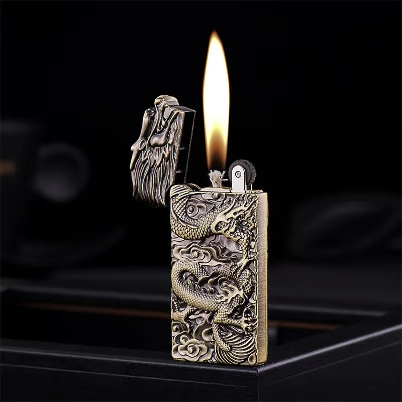 New Creative Relief Chinese Dragon Kerosene Lighter Double-sided Engraving Metal Thin Section Grinding Wheel Lighter Wholesale