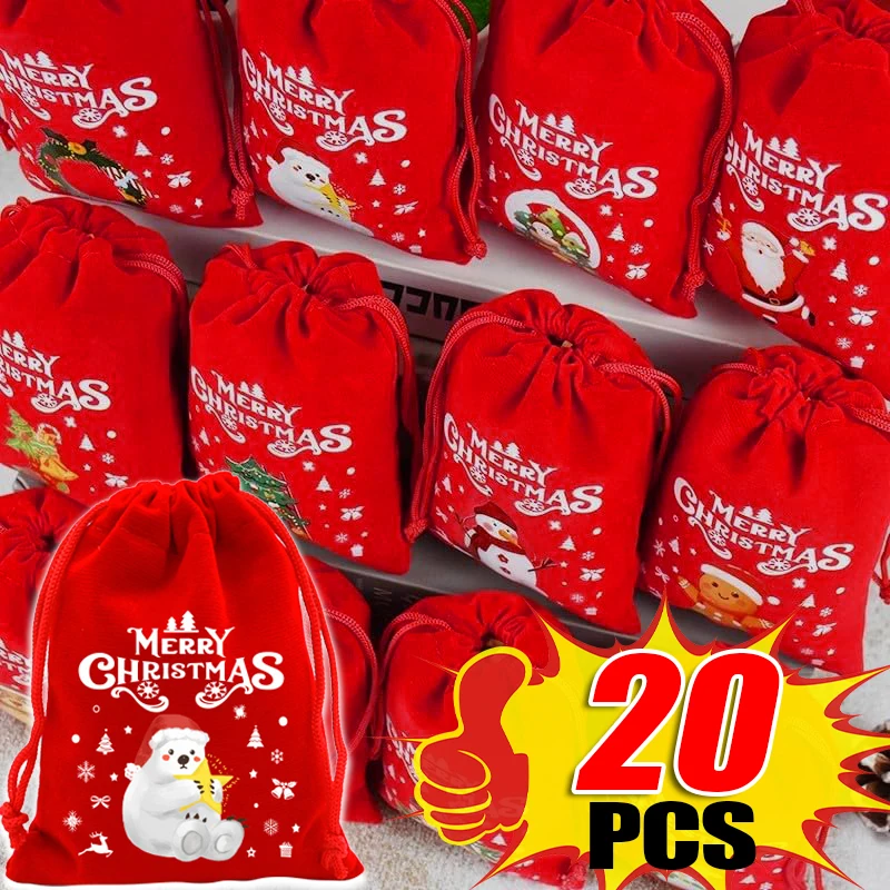 Merry Christmas Velvet Bags Drawstring Pouch Candy Snack Gifts Bag Jewelry Packaging Bags For Christmas New Year Decoration