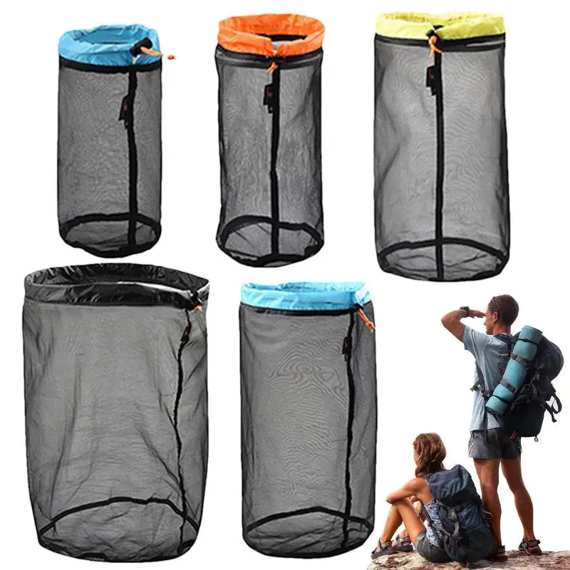 5Pcs/set Travel Mesh Stuff Sack Nylon Mesh Drawstring Storage Bag For Camping Travelling Hiking Sleeping Bag Ditty Sacks