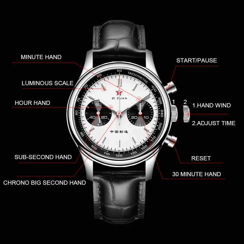 SEAKOSS Panda 1963 Chronograph Mechanical Men\'s Wristwatch Seagull st1901 Movement Gooseneck 40mm Luminous Sapphire Pilot Watch