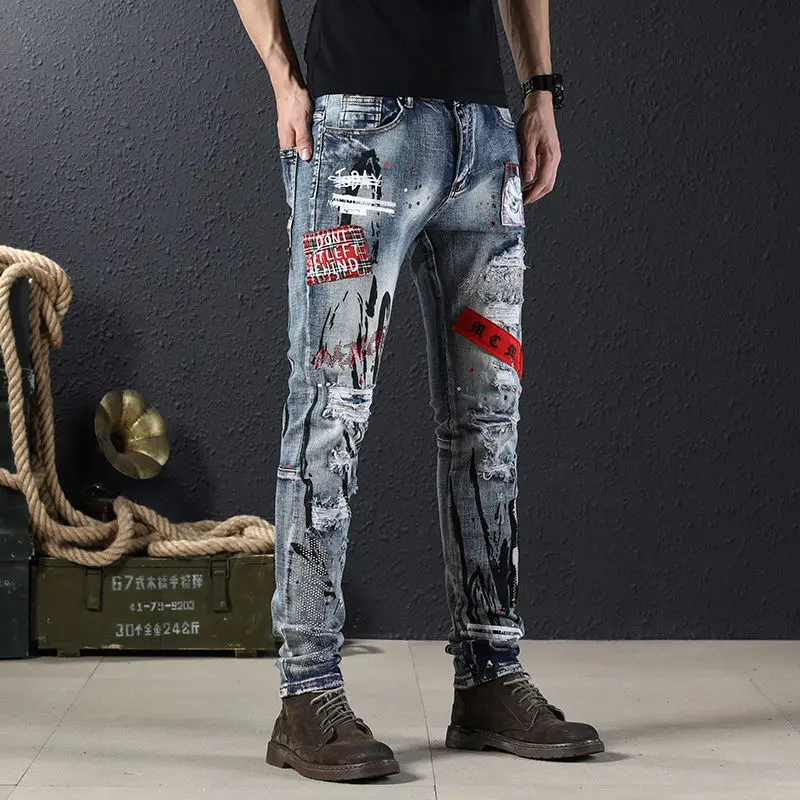 

spring and summer new elastic jeans men's graffiti slim pencil pants patch hole tide brand light blue trousers streetwear men