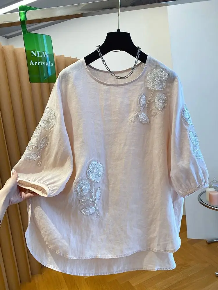 Women Heavy Beaded Embellished Shirt Premium Cotton 3/4 Sleeve Pullover Loose Lazy Casual Blouse 2026 New Summer