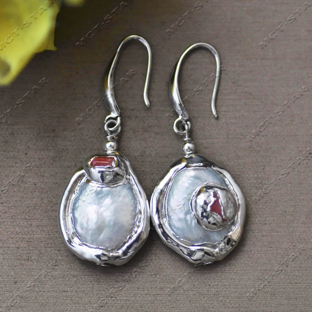 MTC·STAR 24mm White Drop Coin Freshwater Pearl Gilding silver Gemstone Dangle Earring (Z14317)