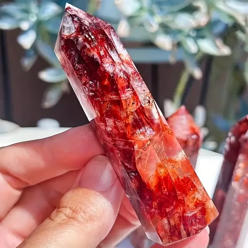 Red Glue Flower Hexagonal Column Natural Stone Polishing Semi-Precious Stone Decoration Wholesale