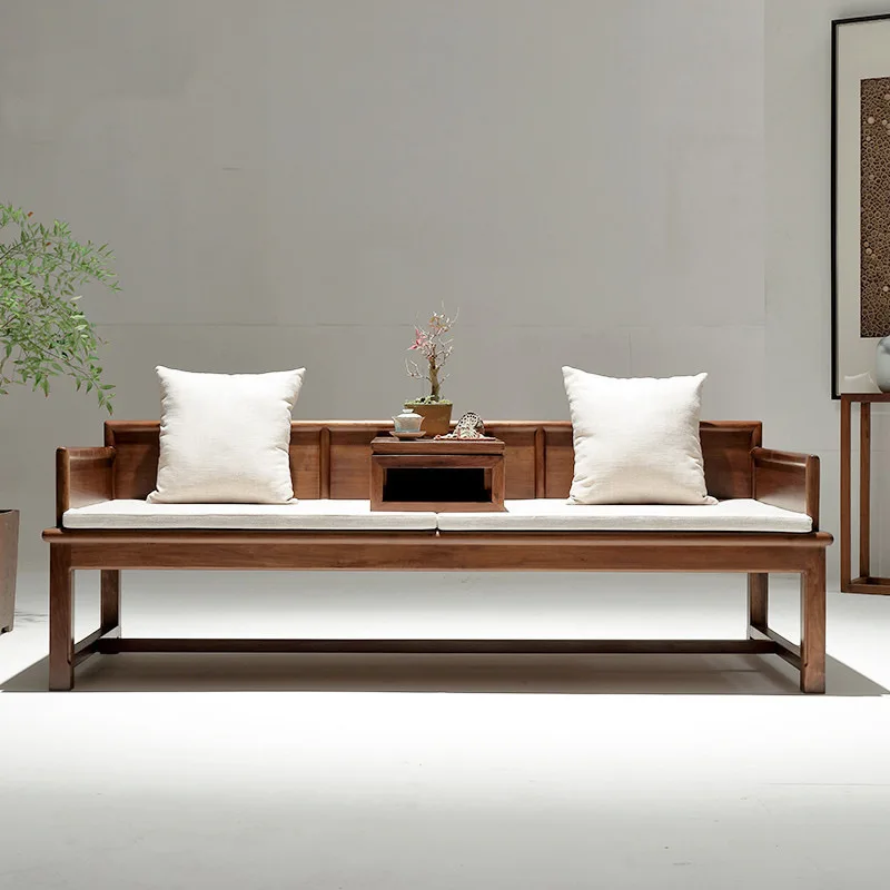 Nordic black walnut new Chinese solid wood sofa Zen fabric Arhat bed Cherry wood log simple sofa bed