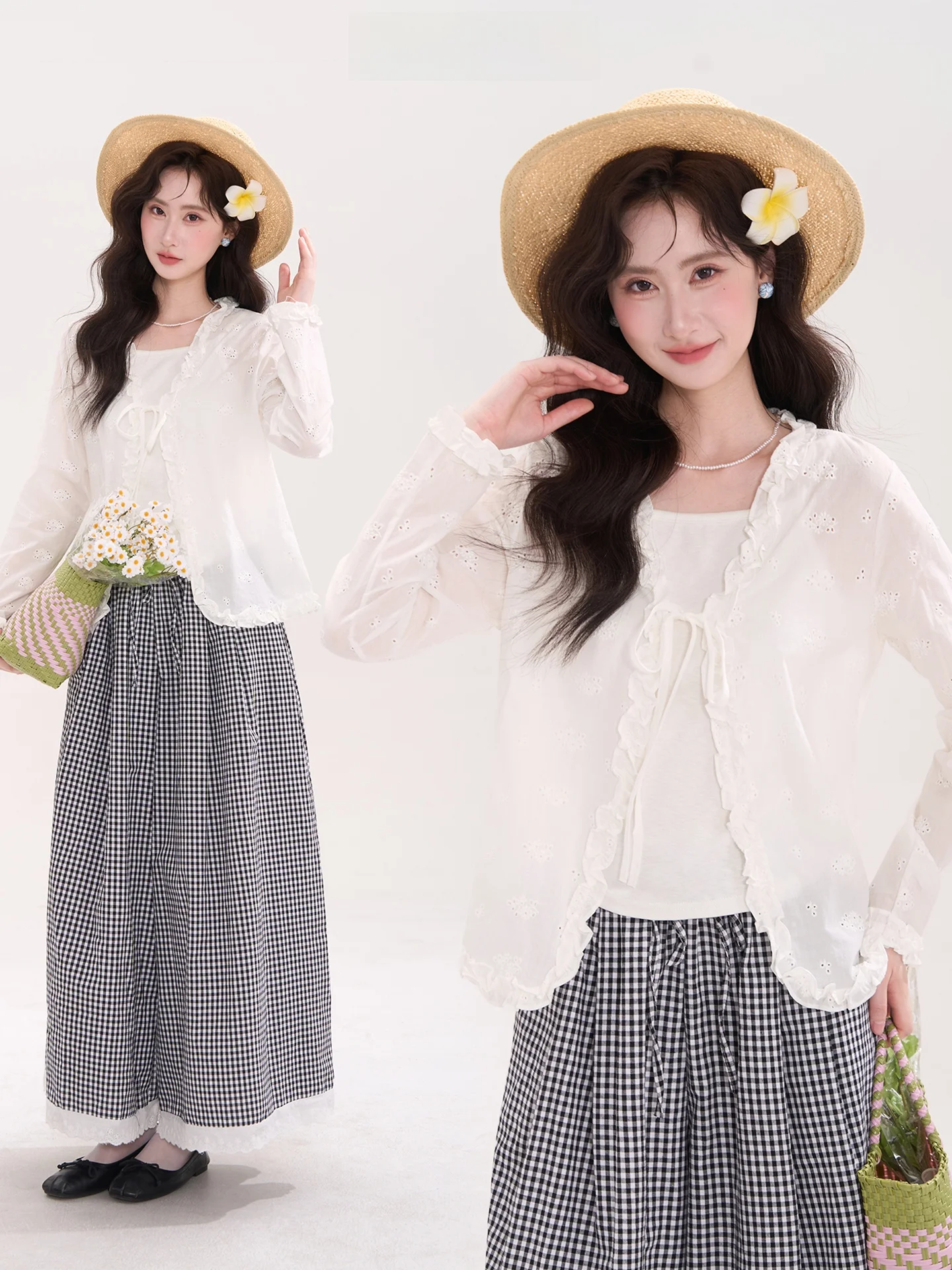 

Spring Women's Cotton Embroidered Hollow Lace Trim Belted irt Strap Two-Piece Set Casual Loose Fit Long Sve irt