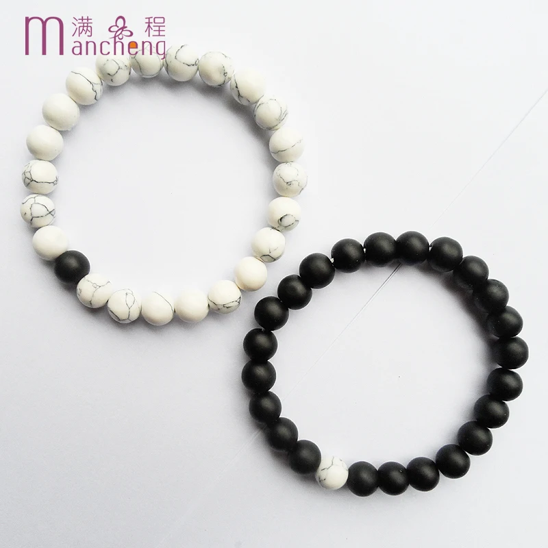 official-website tiki 2PCS Set Couples Pulsera Hombre Women Matte Scrub Black Agates Beaded Lover Bracelet Jewelry Men