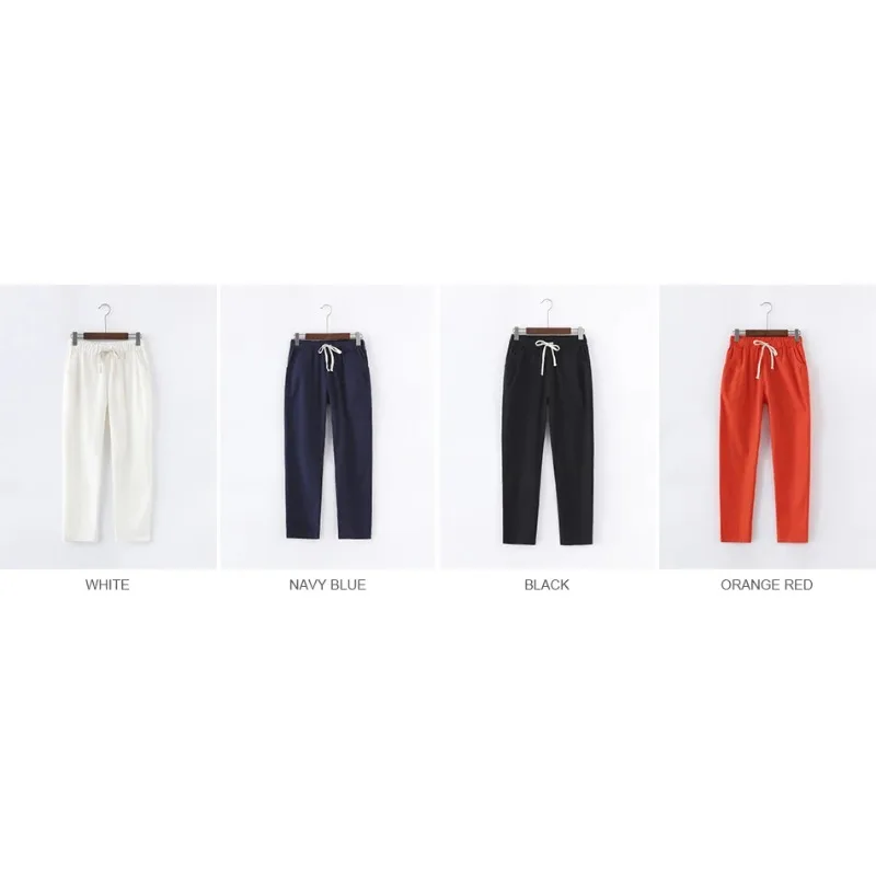 Calças de linho de algodão para mulheres calças soltas casuais cor sólida calças harém capri verão feminino