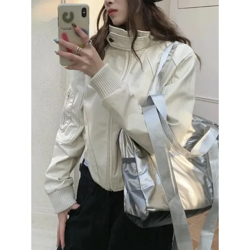 Chaquetas de cuero PU con cremallera y cuello levantado para Mujer, Chaquetas informales holgadas para Moto, Chaqueta de manga larga para Mujer, abrigos para otoño 2024
