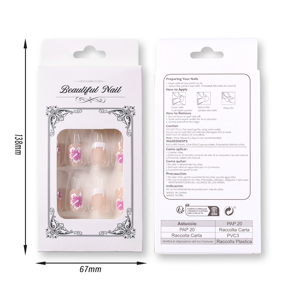 24 uñas postizas acrílicas blancas y rosas con flores, cuadradas cortas, estilo francés, cubierta completa, para mujer. 5