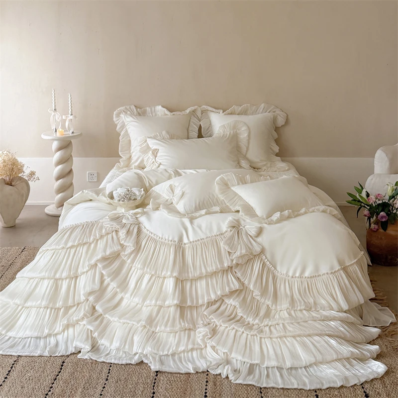 French Cake Layer Ruffles Bow Velvet Princess Wedding Bedding Set Duvet Cover Flat Sheet/Quilted Lace Bedspread Pillowcases 4Pcs