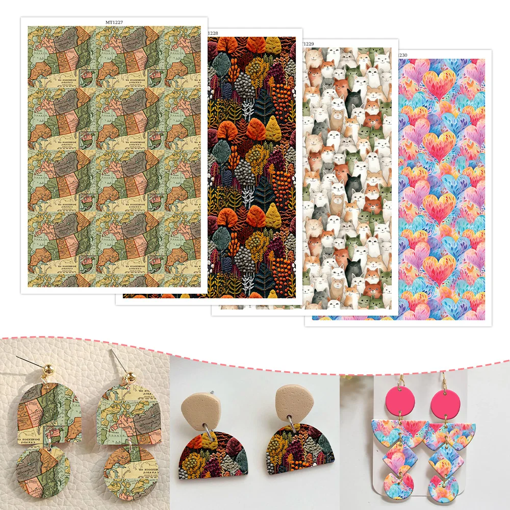 

Vintage Map Autumn Forest Cute Cats Love Heart Soft Ceramic Earrings Water Transfer Paper Sticker For Jewelry Making