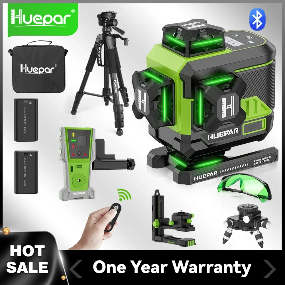 Huepar 16 Lines 4D Self-Leveling Laser Level 4x360°Cross Line Laser with LCD Screen Bluetooth & Remote Control 2x Battery Z04CG