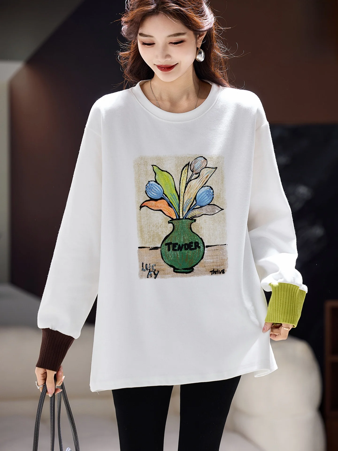 

Женская зимняя модная футболка с длинным рукавом большого размера, с принтом и вышивкой, из начесанного хлопка, с цветочным узором