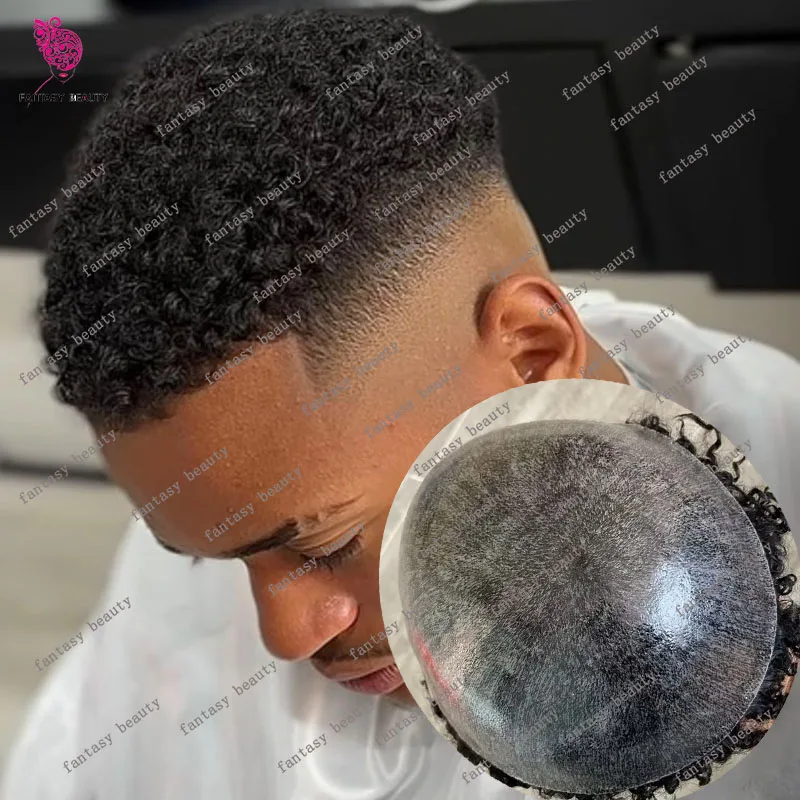 Rambut manusia hitam 12mm pria, Sistem prostesis kapiler keriting Afro sepenuhnya poli kulit rambut palsu garis rambut alami untuk pria