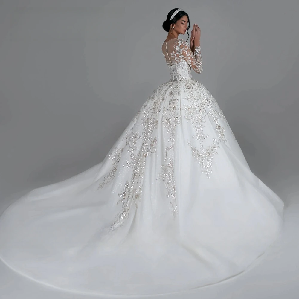 Precioso vestido de fiesta, vestido de novia elegante de tul con cuello redondo, vestido de novia de manga larga, apliques personalizados, vestido de novia de encaje con cuentas