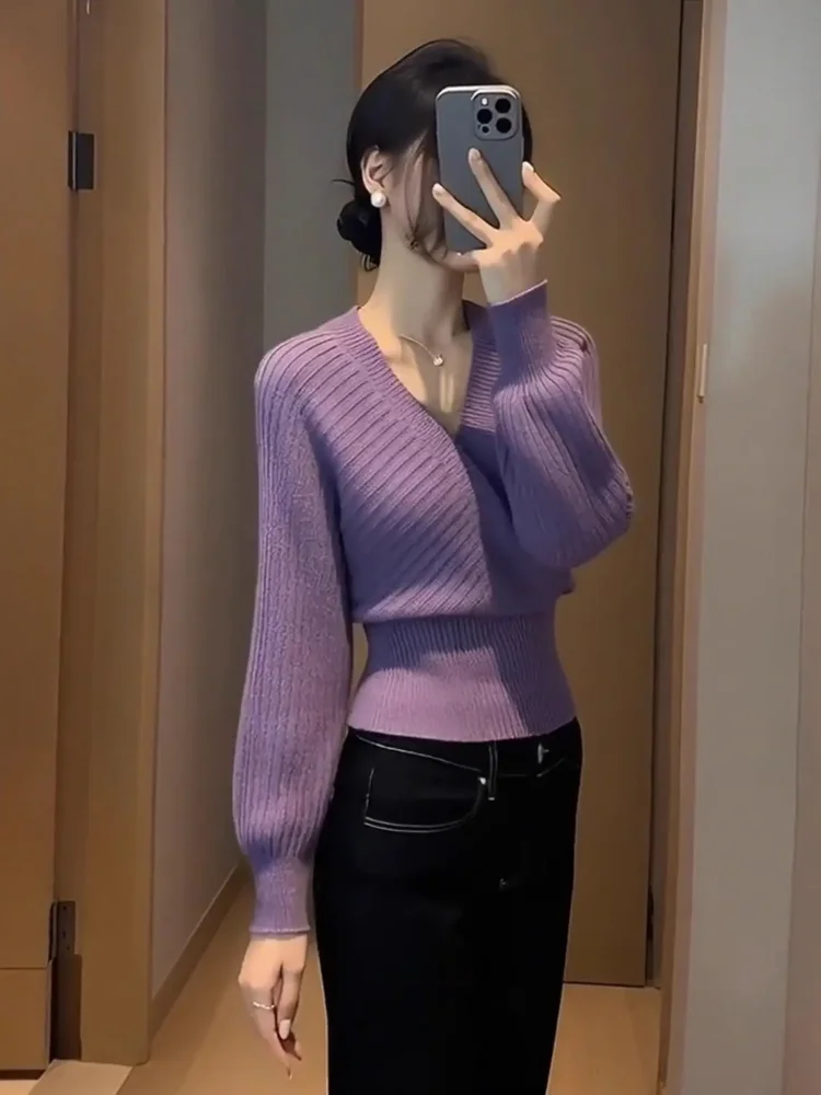 엘리 퍼플 브이넥 스웨터 여성용 패셔너블 이너웨어 니트 탑 가을 겨울 고급 슬리 아름다운