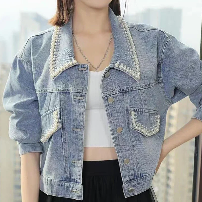 

2024 Sweet Pearl Decor Denim Jacket Women Long Sleeve Turn Down Collar Crop Jackets Korean Pockets Loose Coats Female Outerwear