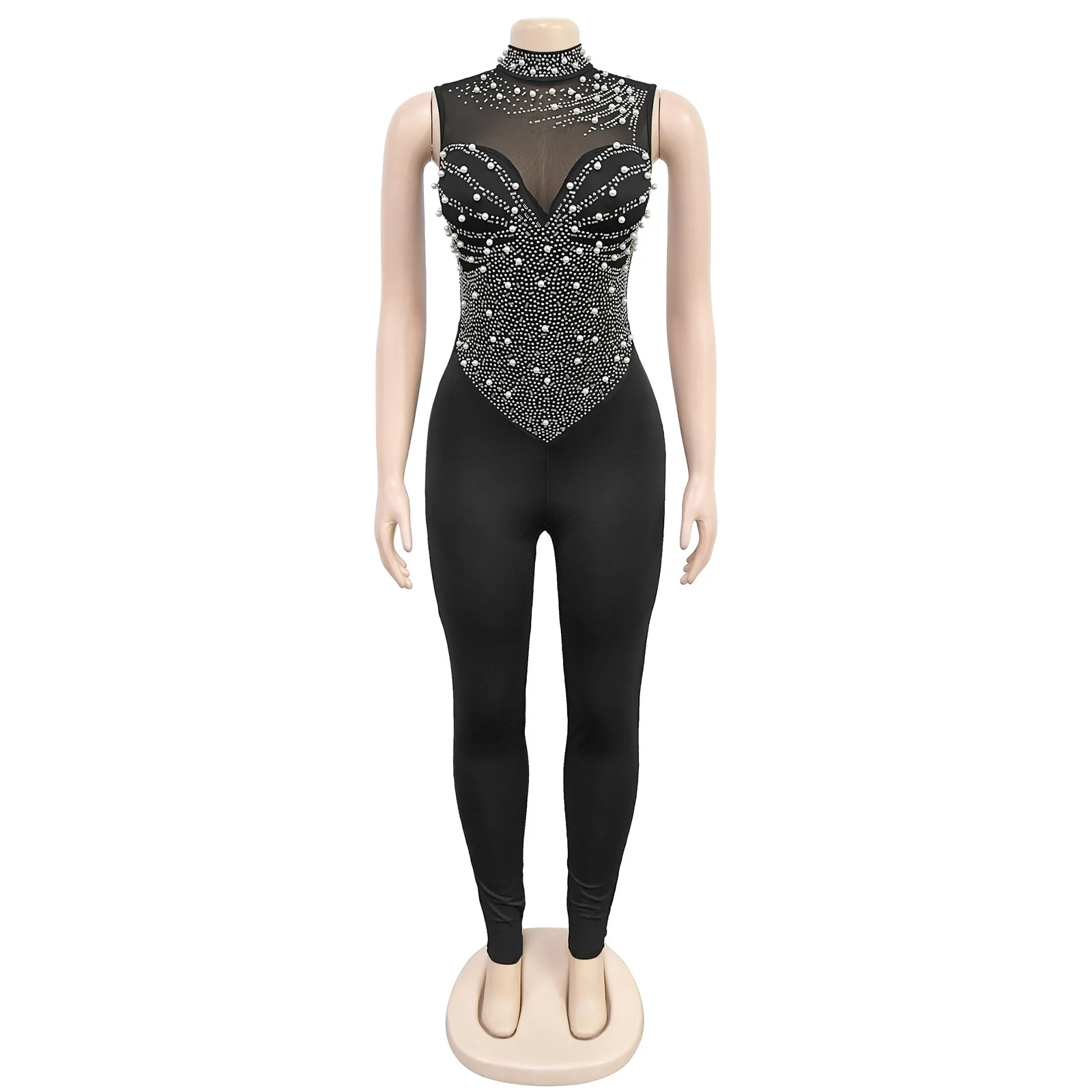 

Women Leotards Glittery Rhinestone Jumpsuit Rhythmic Gymnastic Skating Dance Costume Mock Neck Sleeveless Mesh Patchwork Rompers