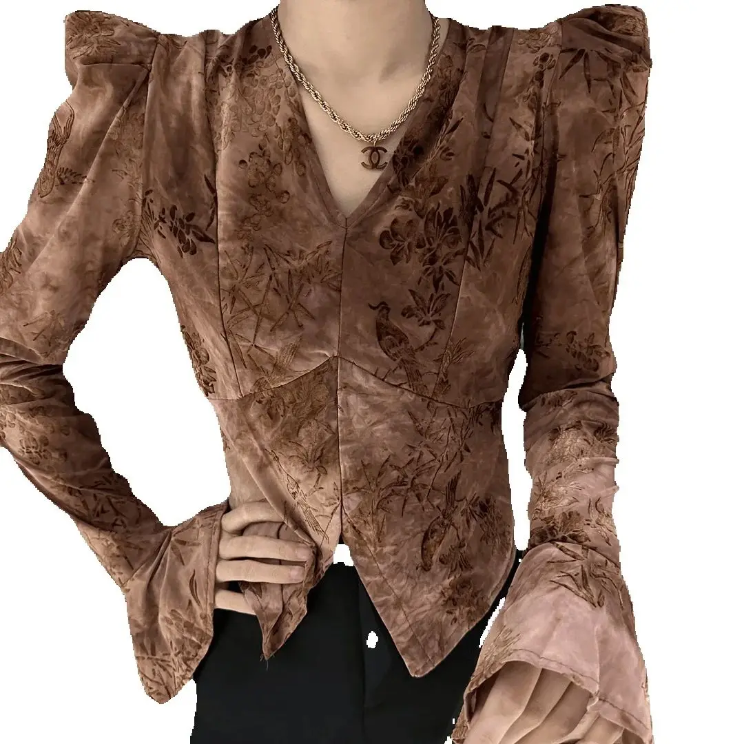 Autumn Winter Women French Retro Shirt Long-Sleeved Beautiful Design V-Neck Shirt Hot Coquettish Elegant Blusas Top