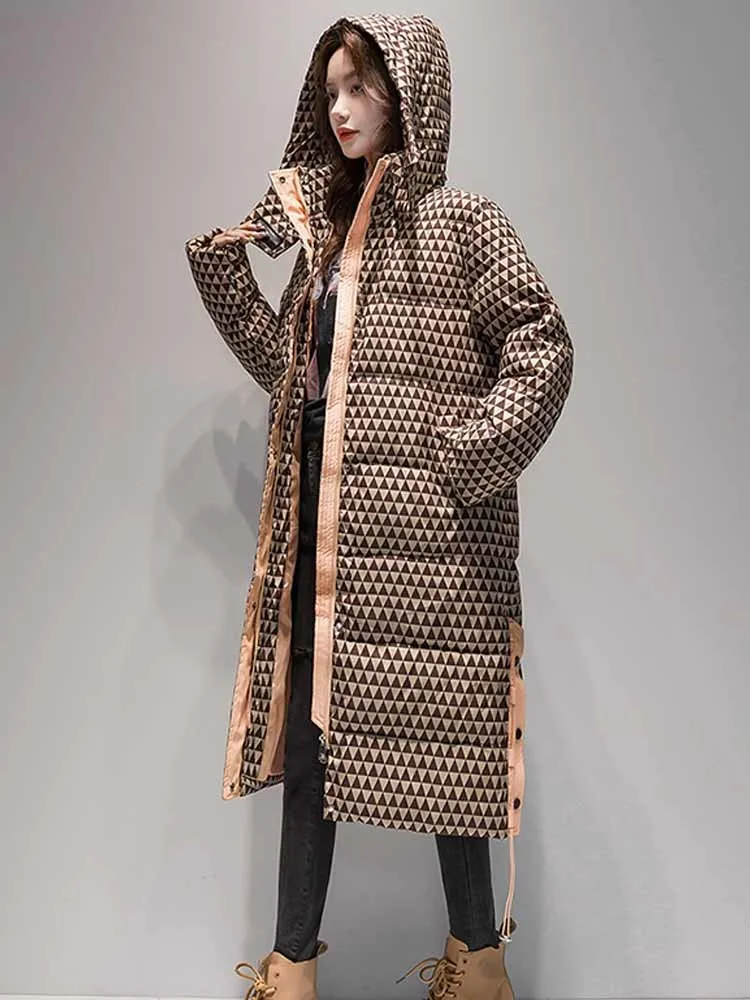 Winter Beneden Katoenen Jas Vrouwen 2022 Nieuwe Streetwear Lange Warme Dikke Parka Vrouwelijke Hooded Losse Plaid Gewatteerde Jassen Uitloper