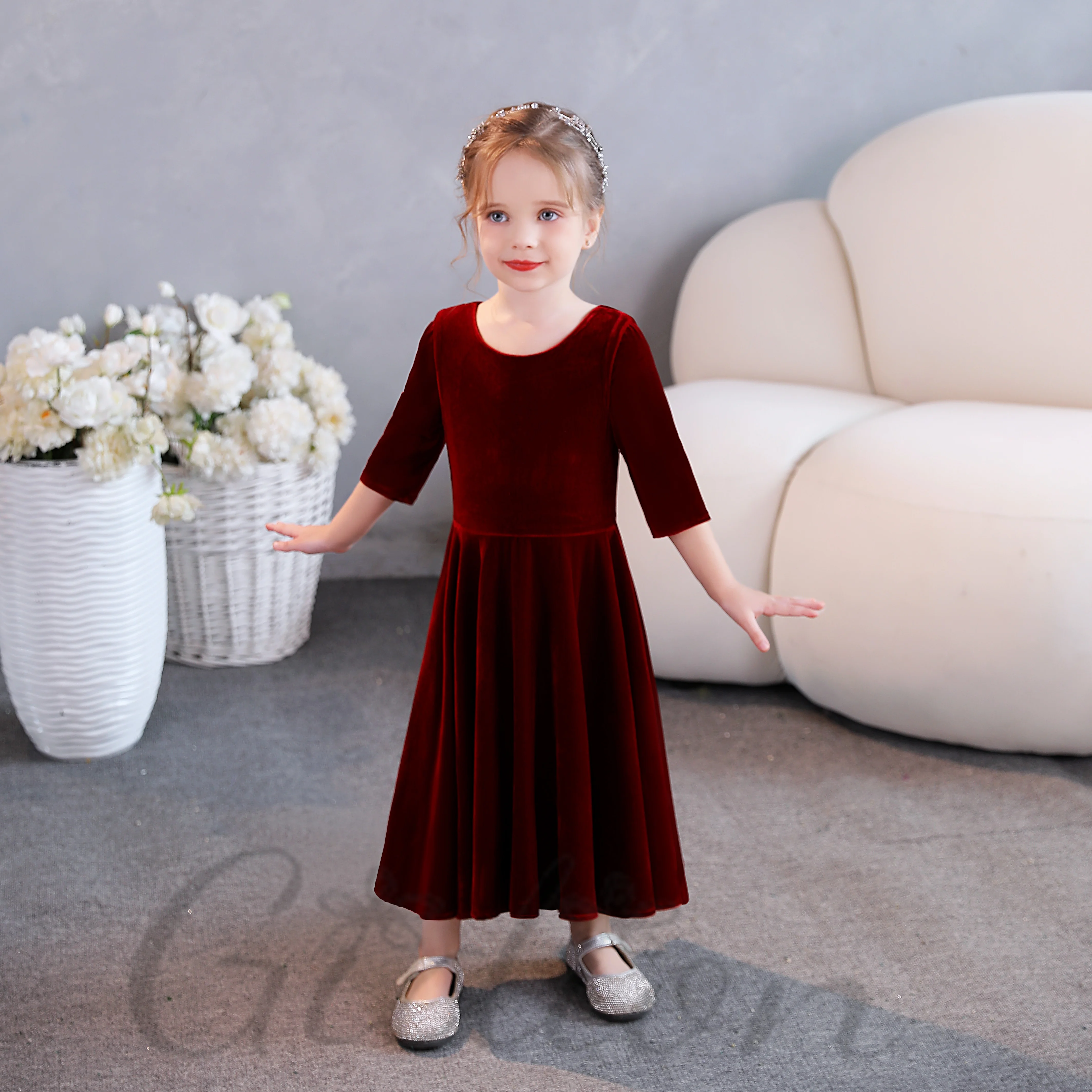 

A-Line Velvet Junior Bridesmaid Dress For Wedding Prom Night Banquet Flower Girl Festivity Celebration Show Event Birthday Ball