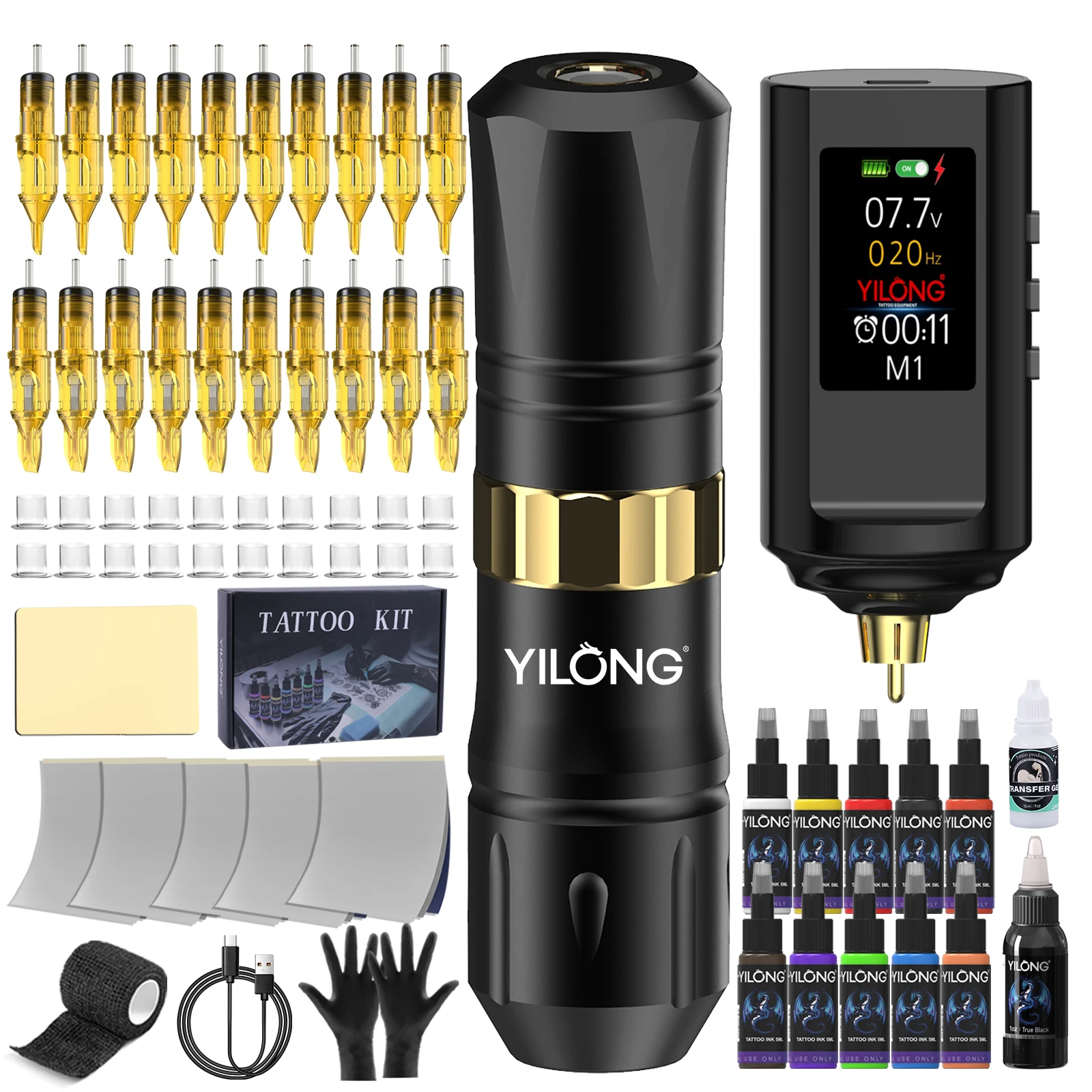 

YILONG Беспроводной пистолет для татуировки, комплект роторной тату-машины, набор ручек для татуировки с мощностью 1200 мАч игла для картриджа 20 шт.